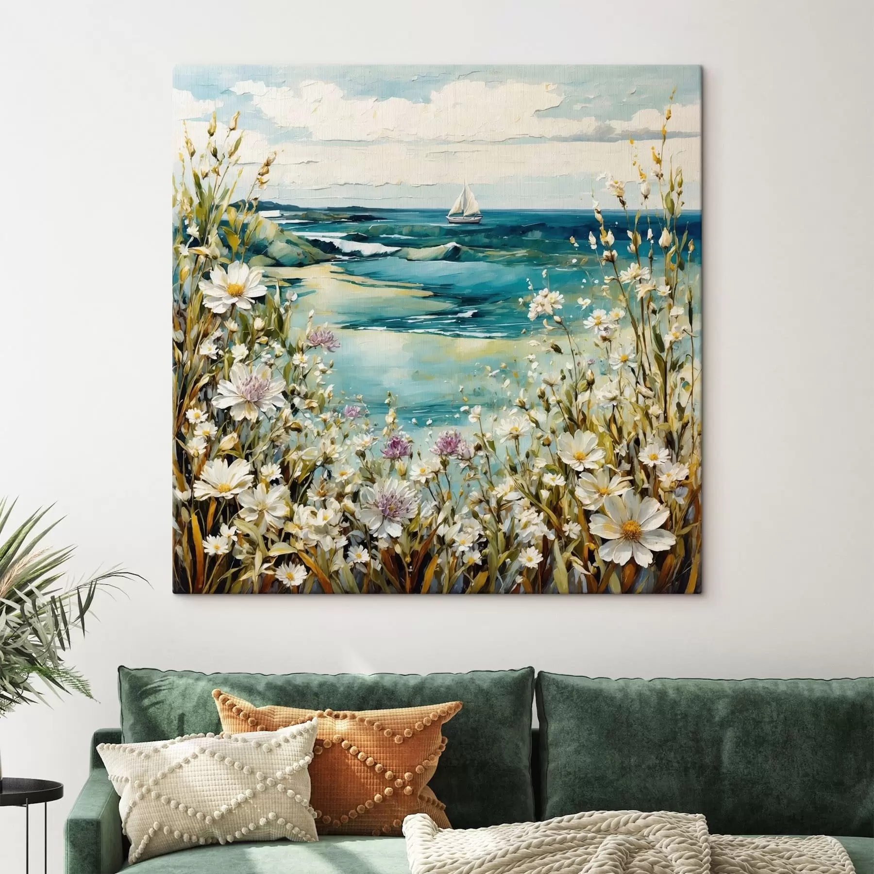  Schilderijen Impressionistisch strandtafereel met zeilboot en bloemen s48813