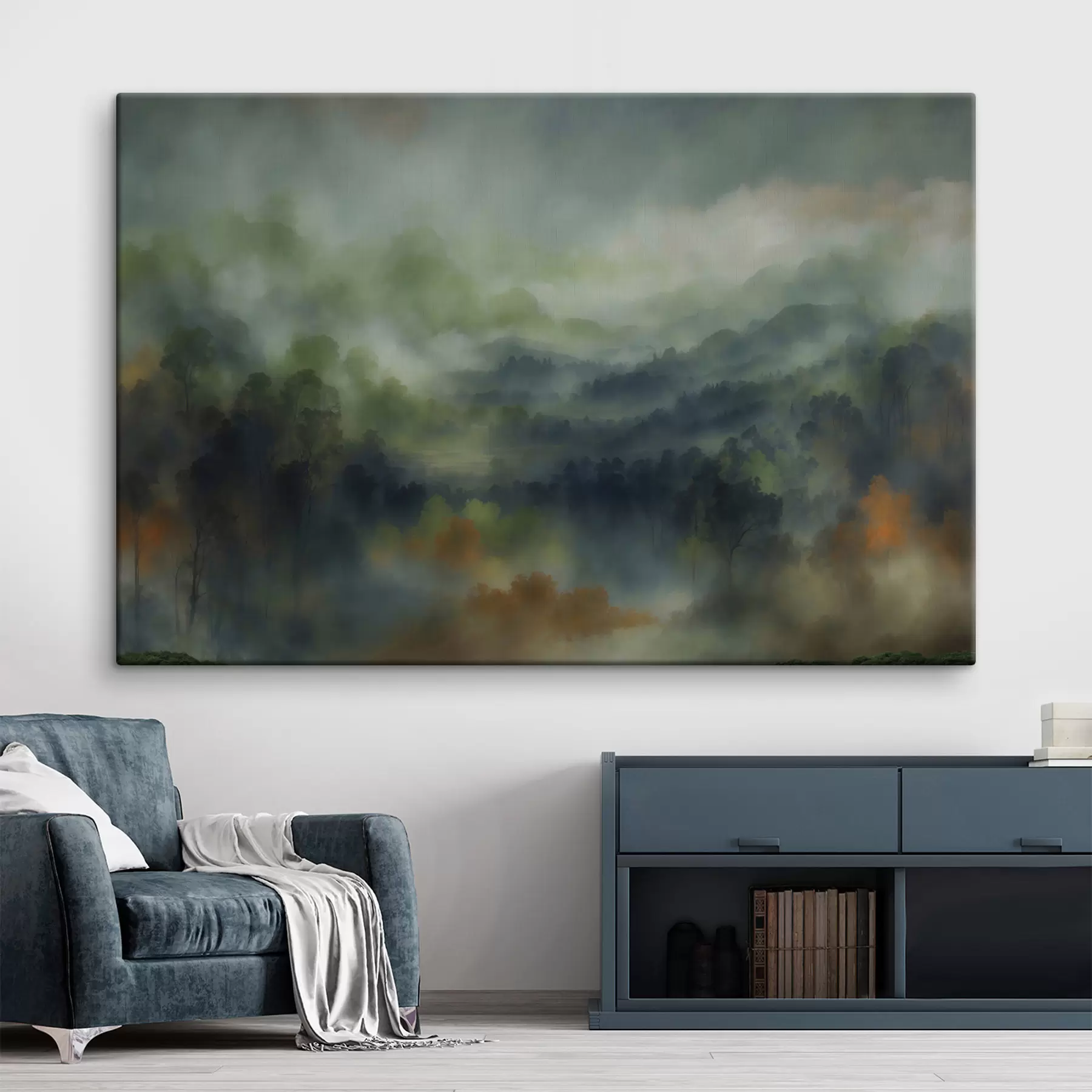  Schilderijen Sfeervol, mistig boslandschap in groene tinten s48821