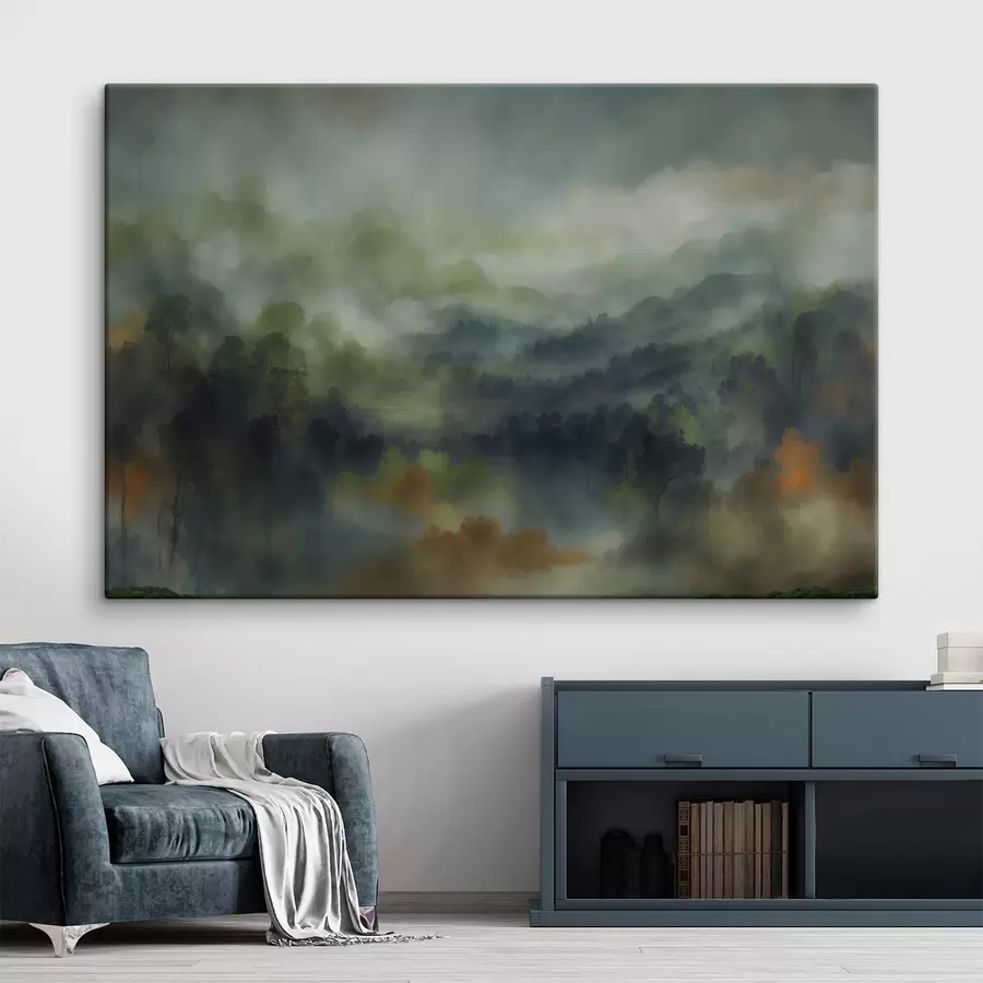  Schilderijen Sfeervol, mistig boslandschap in groene tinten s48821