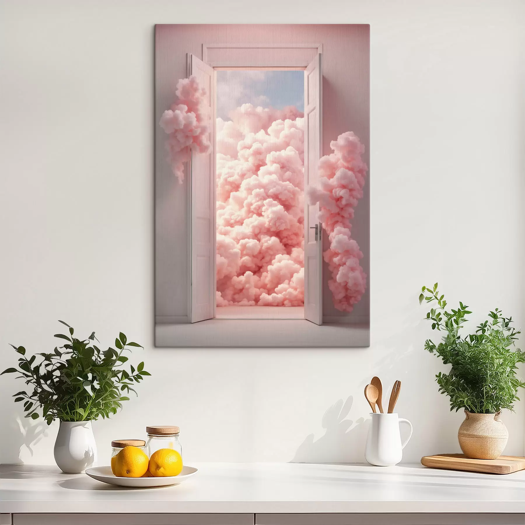  Schilderijen Surrealistische deur met roze wolken binnenin s48823
