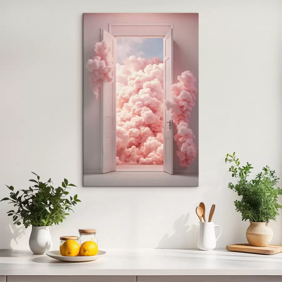  Schilderijen Surrealistische deur met roze wolken binnenin s48823
