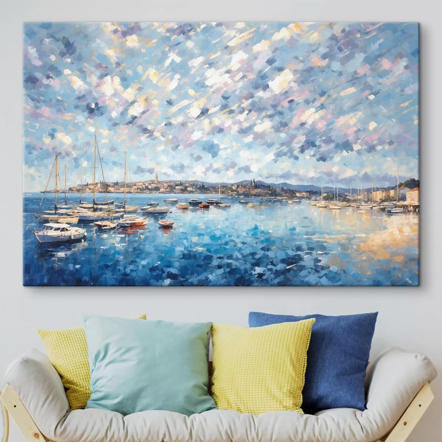  Schilderijen Impressionistisch schilderij van een haven met boten en een stad s48831