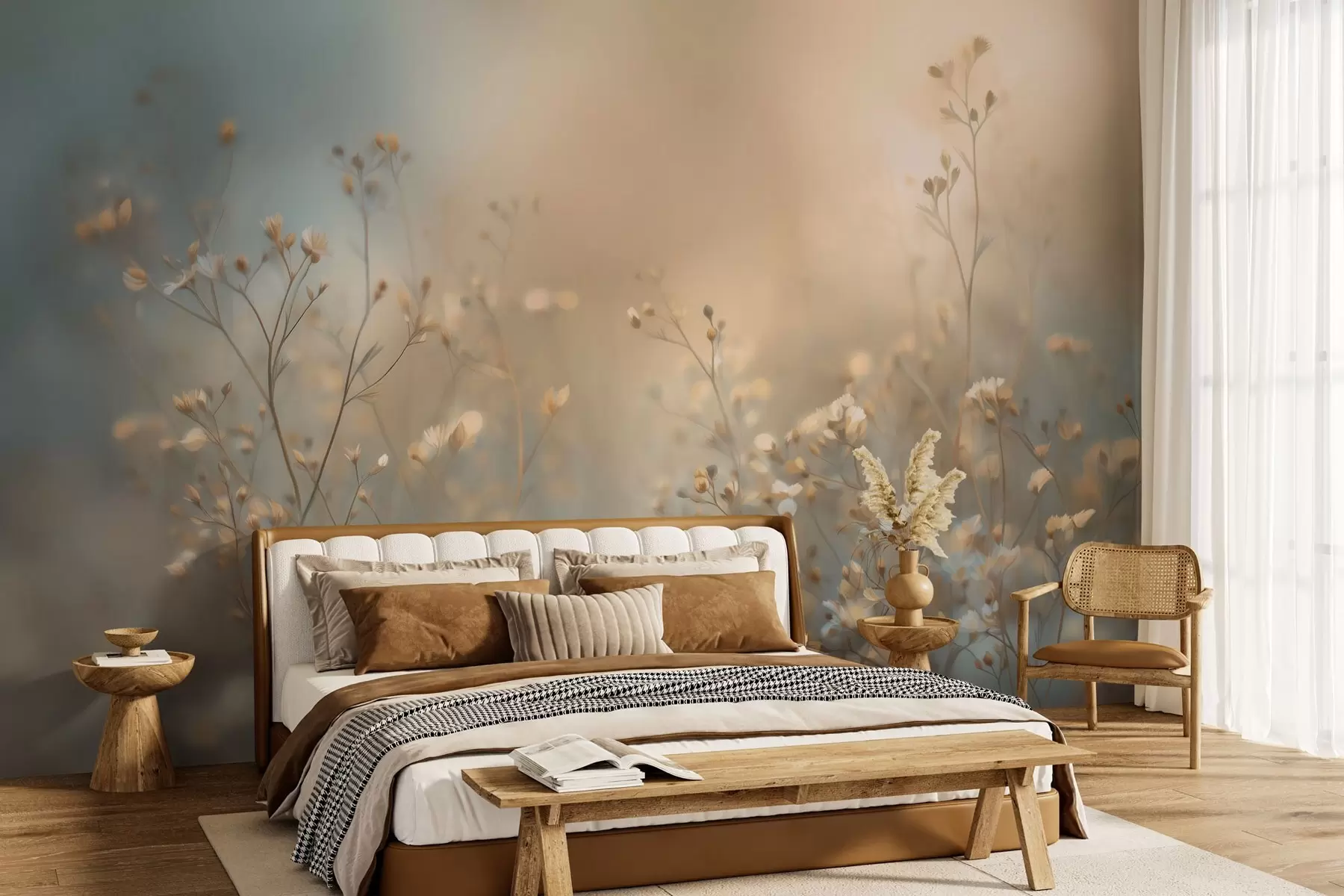 Fotobehang weidegrassen met kleine bloemen tegen een geringe scherptediepte w05386