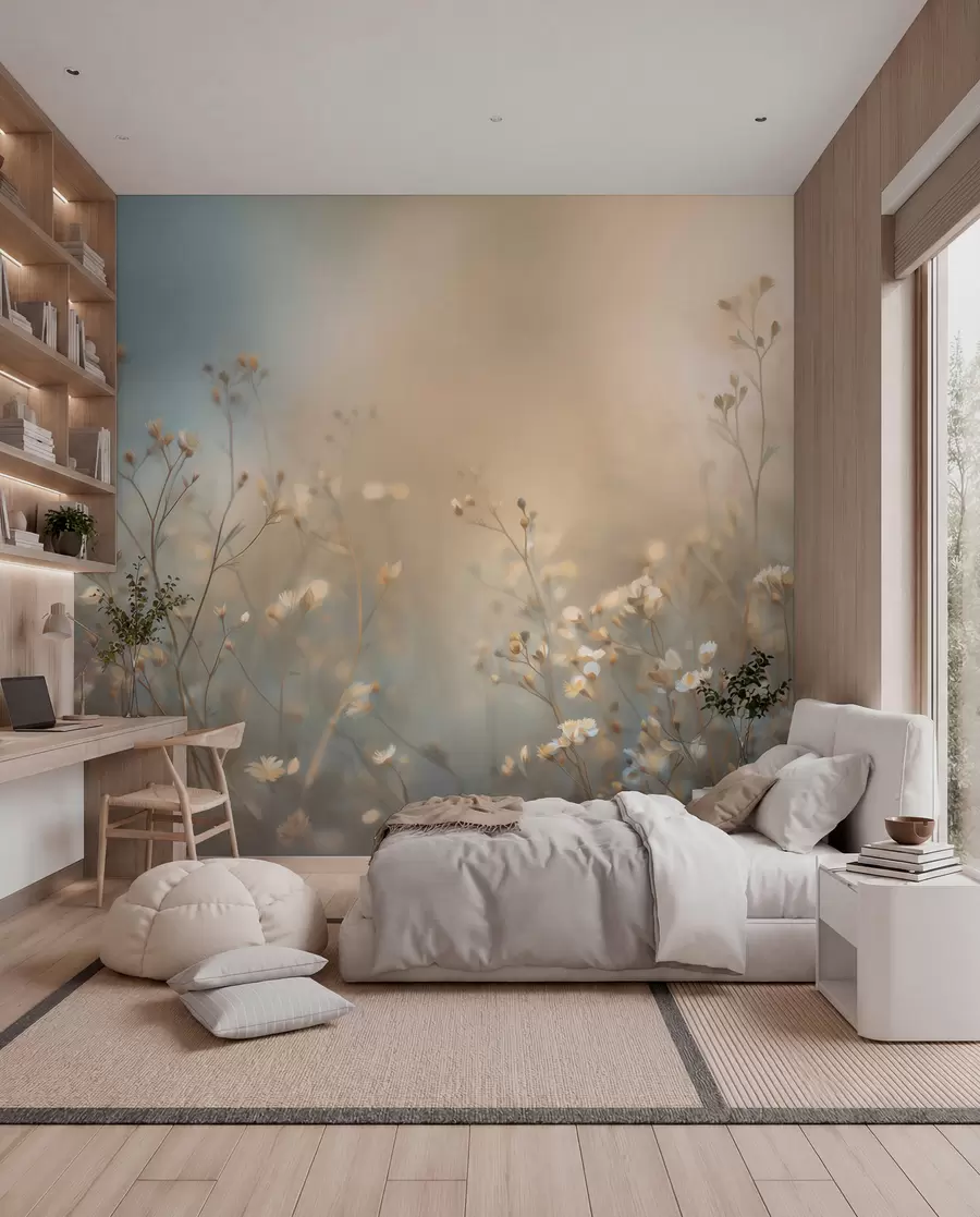Fotobehang weidegrassen met kleine bloemen tegen een geringe scherptediepte w05386