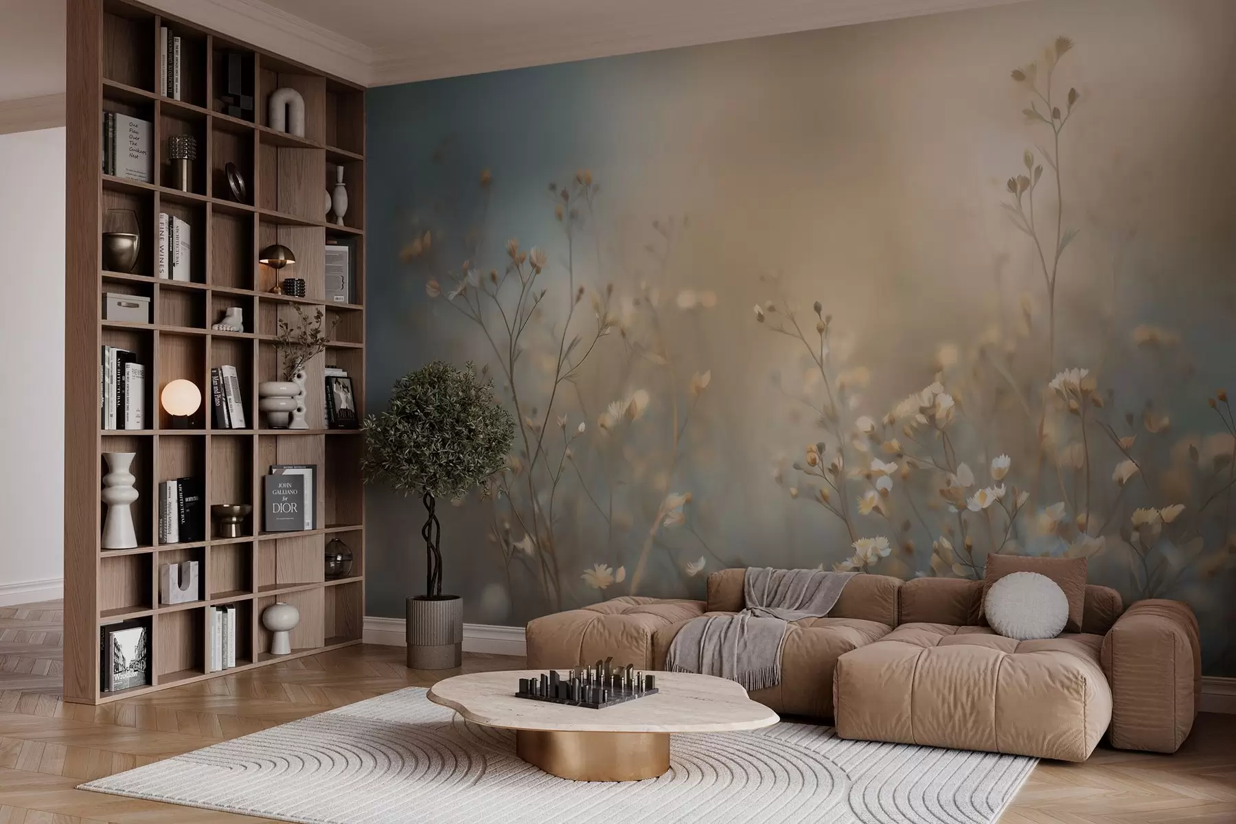 Fotobehang weidegrassen met kleine bloemen tegen een geringe scherptediepte w05386