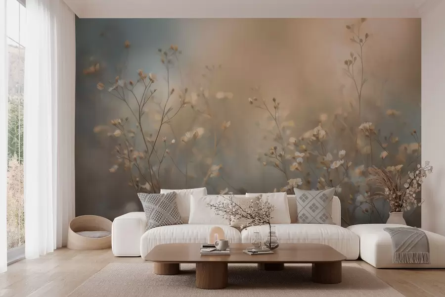 Fotobehang weidegrassen met kleine bloemen tegen een geringe scherptediepte w05386