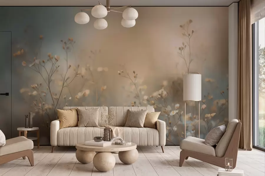 Fotobehang weidegrassen met kleine bloemen tegen een geringe scherptediepte w05386