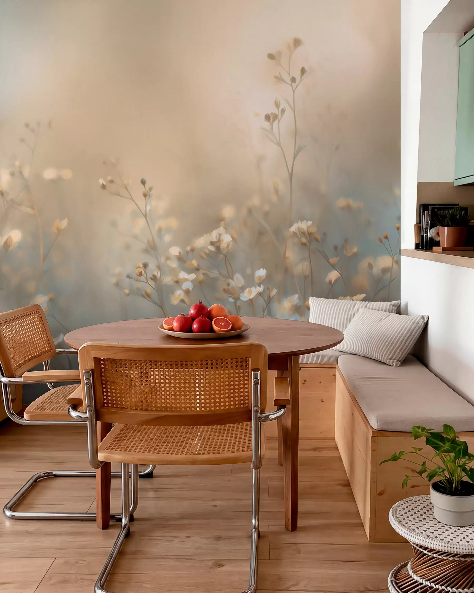 Fotobehang weidegrassen met kleine bloemen tegen een geringe scherptediepte w05386