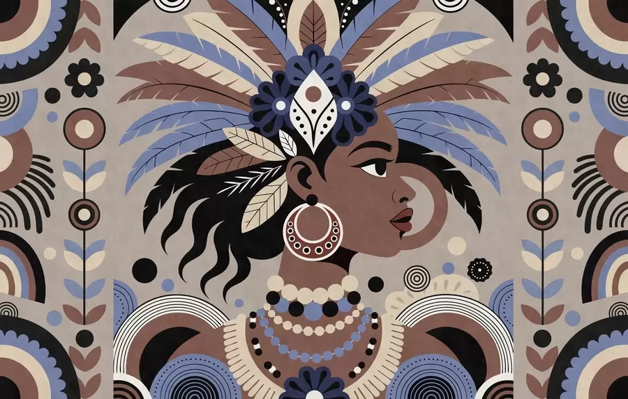 Fotobehang een stijlvol, op Afrika geïnspireerd ontwerp in blauw- en chocoladetinten w05389