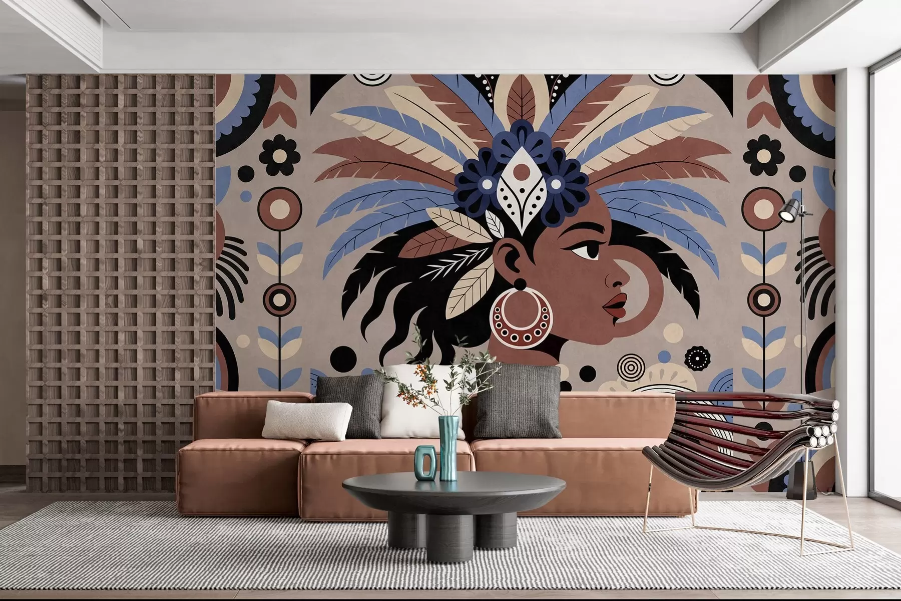 Fotobehang een stijlvol, op Afrika geïnspireerd ontwerp in blauw- en chocoladetinten w05389