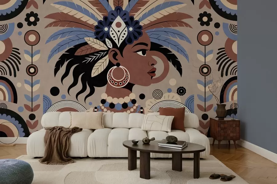 Fotobehang een stijlvol, op Afrika geïnspireerd ontwerp in blauw- en chocoladetinten w05389