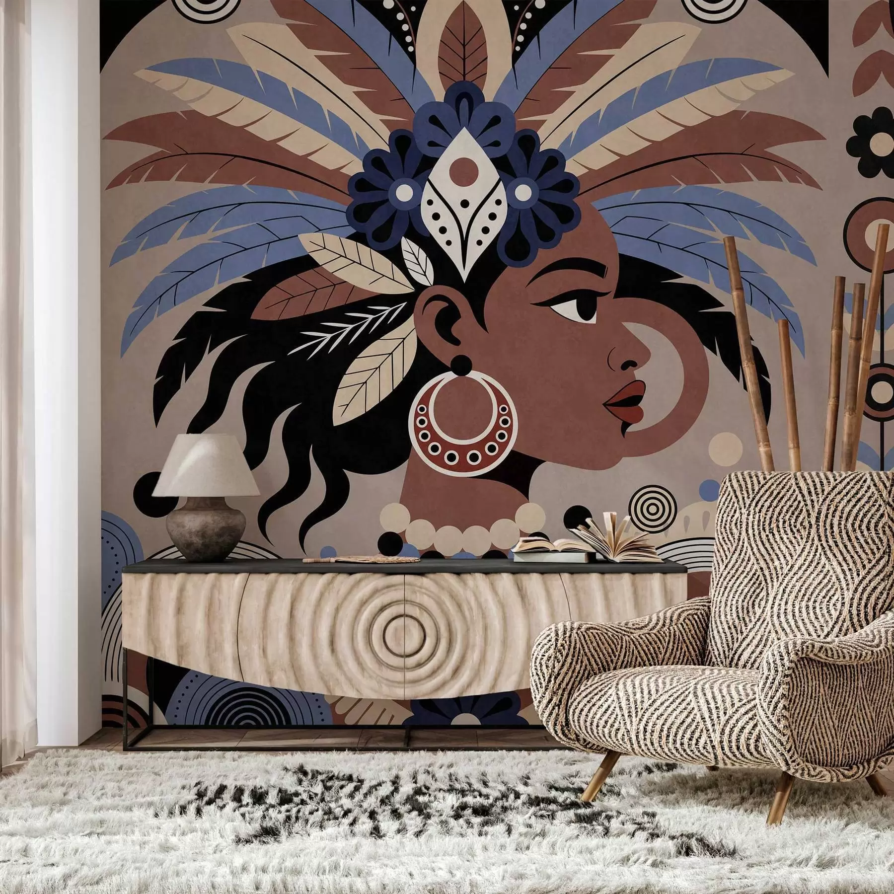 Fotobehang een stijlvol, op Afrika geïnspireerd ontwerp in blauw- en chocoladetinten w05389