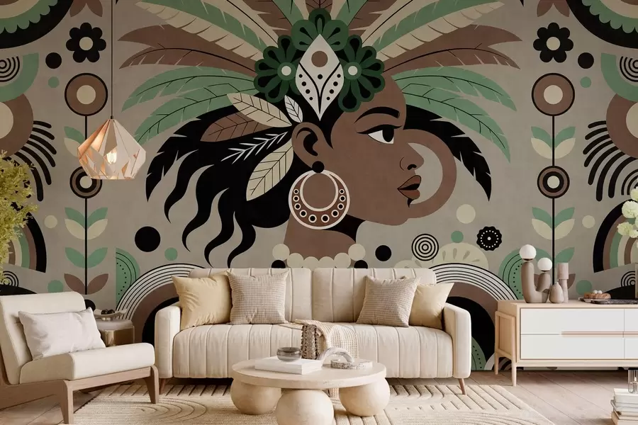 Fotobehang een stijlvol, op Afrika geïnspireerd ontwerp in tinten groen, bruin en beige w05389v1