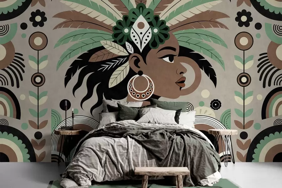 Fotobehang een stijlvol, op Afrika geïnspireerd ontwerp in tinten groen, bruin en beige w05389v1
