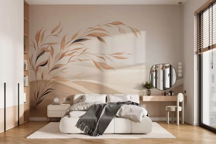 Fotobehang Een zacht landschap met een tak boven heuvels in lichtbeige tinten w05297