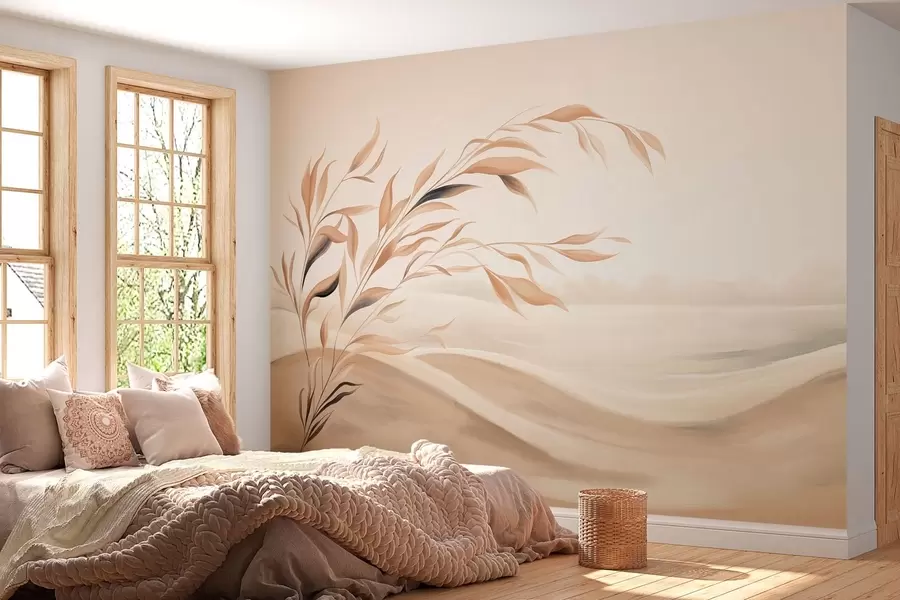 Fotobehang Een zacht landschap met een tak boven heuvels in lichtbeige tinten w05297