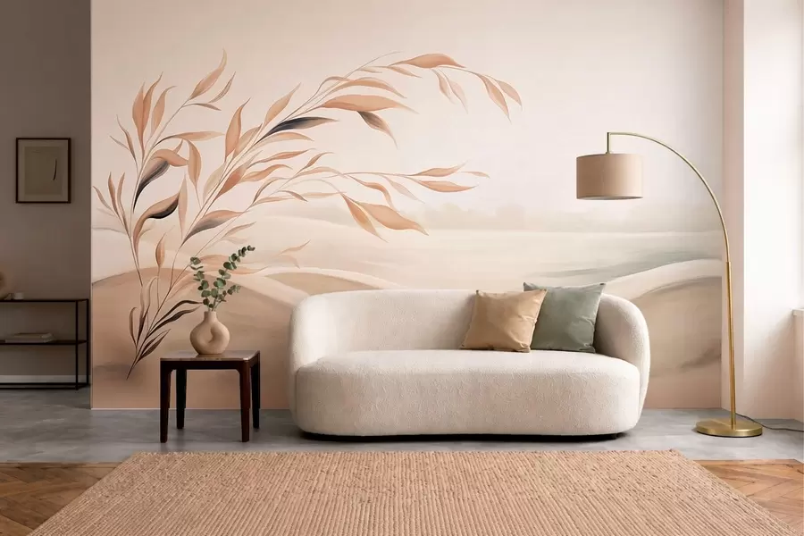 Fotobehang Een zacht landschap met een tak boven heuvels in lichtbeige tinten w05297