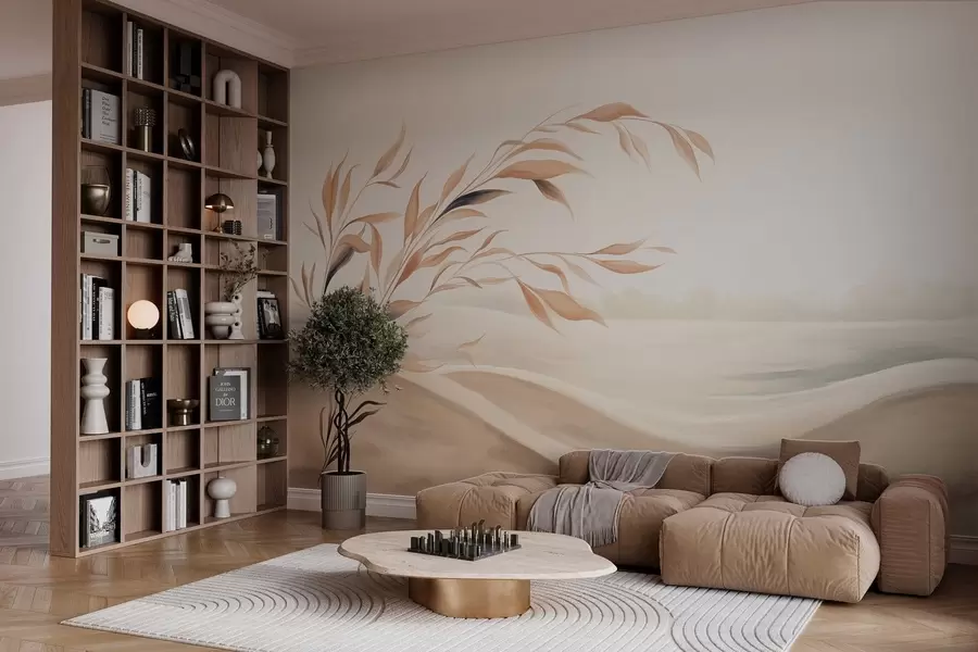 Fotobehang Een zacht landschap met een tak boven heuvels in lichtbeige tinten w05297