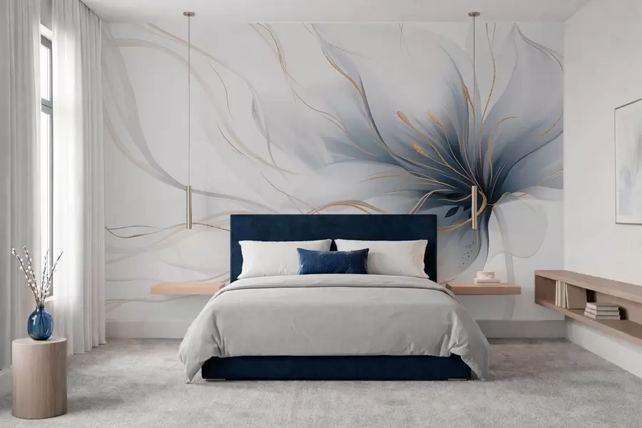 Fotobehang Een abstracte blauwe bloem met vloeiende lijnen in de Fluid Art-stijl w05428