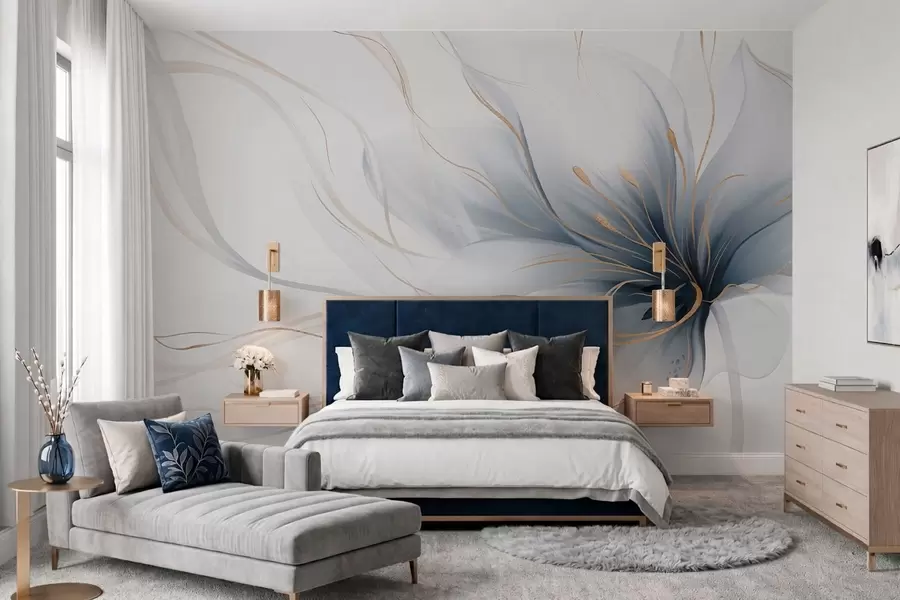 Fotobehang Een abstracte blauwe bloem met vloeiende lijnen in de Fluid Art-stijl w05428