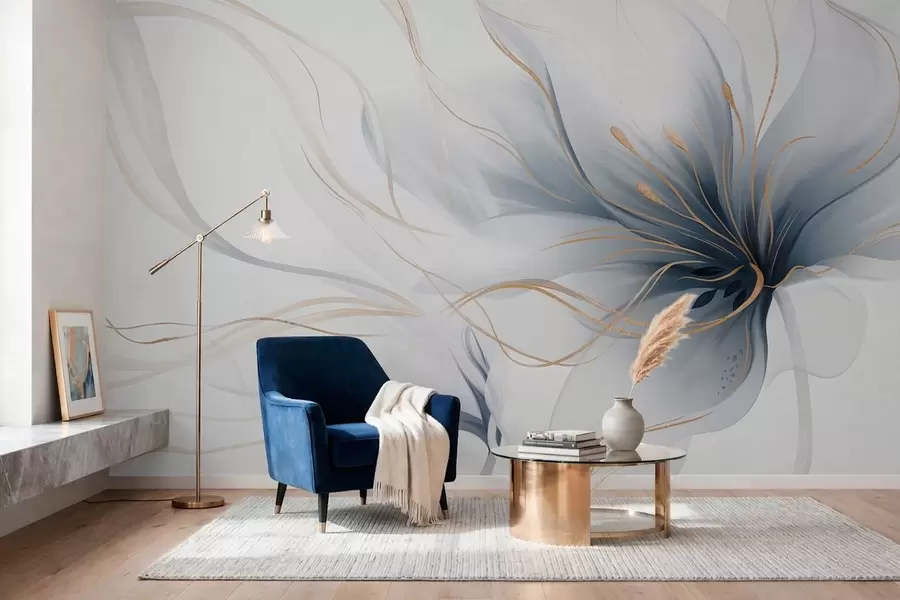 Fotobehang Een abstracte blauwe bloem met vloeiende lijnen in de Fluid Art-stijl w05428