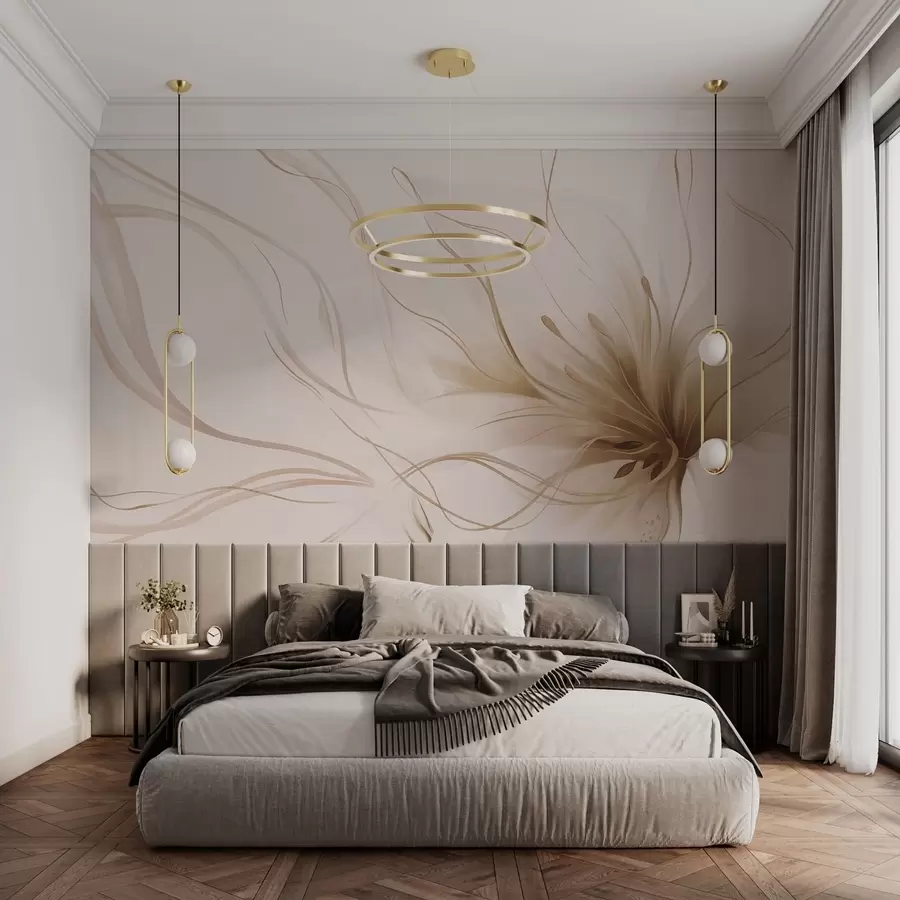 Fotobehang Een abstracte beige bloem met vloeiende lijnen in de Fluid Art-stijl w05428v2