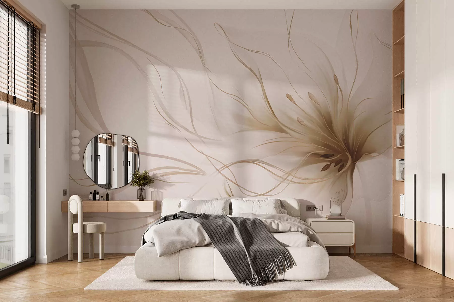 Fotobehang Een abstracte beige bloem met vloeiende lijnen in de Fluid Art-stijl w05428v2