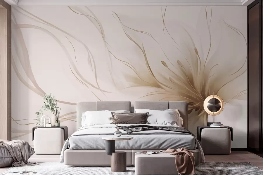 Fotobehang Een abstracte beige bloem met vloeiende lijnen in de Fluid Art-stijl w05428v2