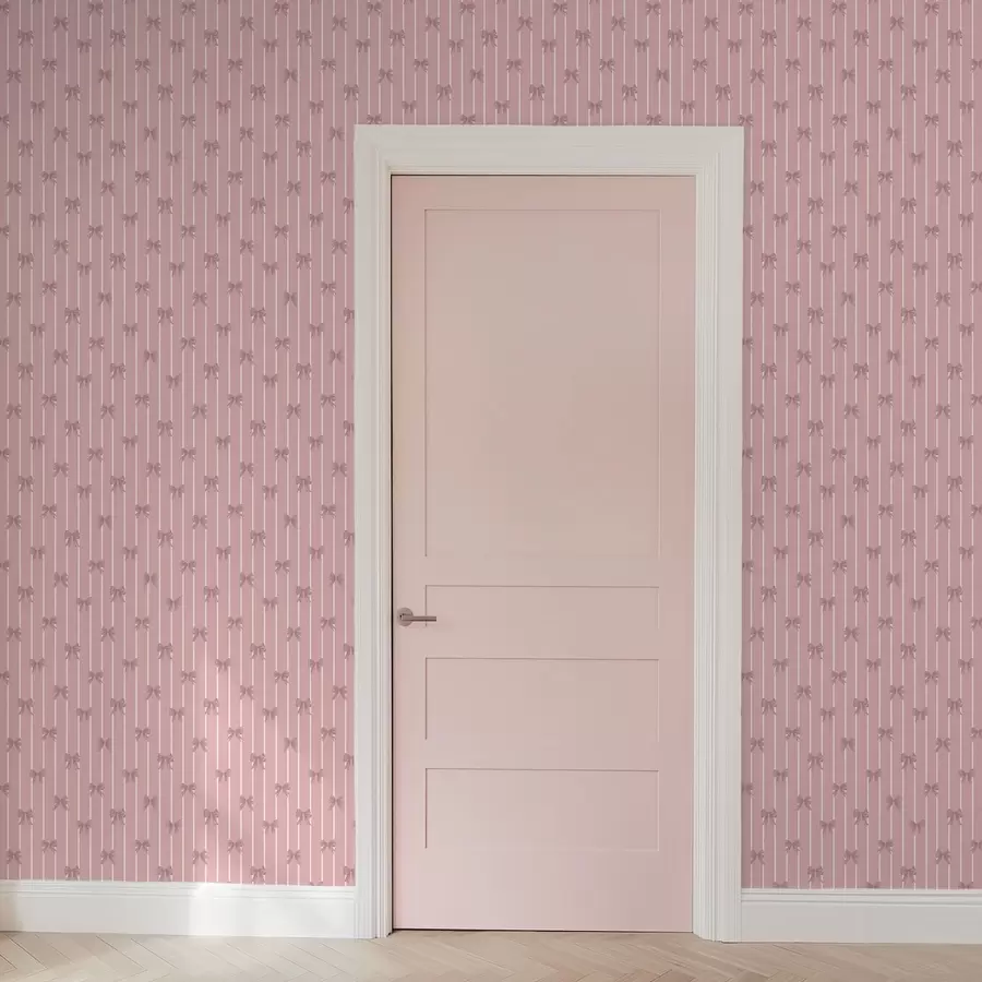 Fotobehang Kleine roze strikjes op een roze gestreepte achtergrond a01076v1