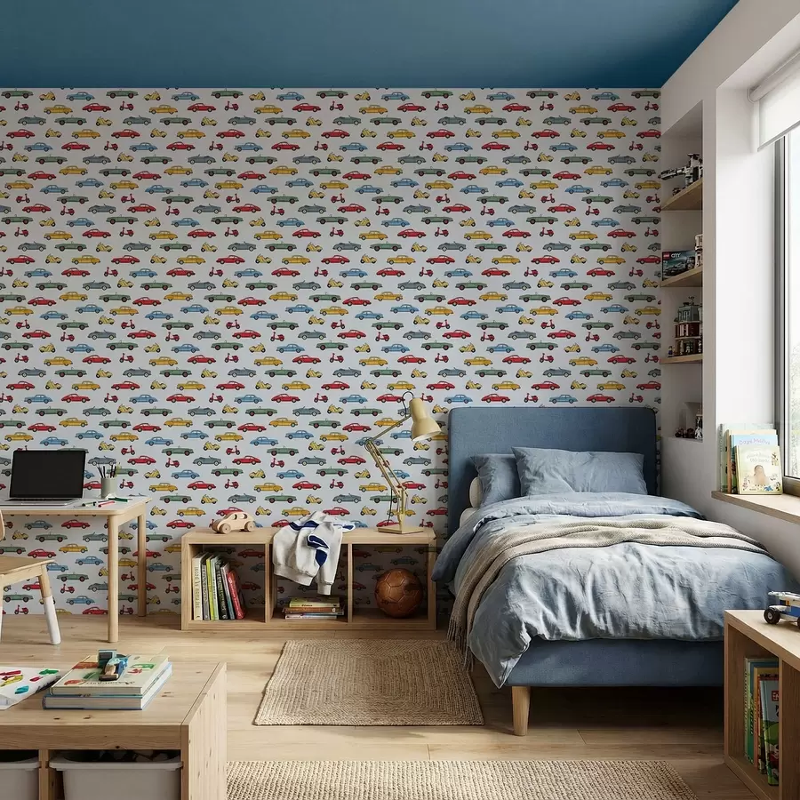 Fotobehang Retro-auto's en -scooters op een blauwe achtergrond a01172v2