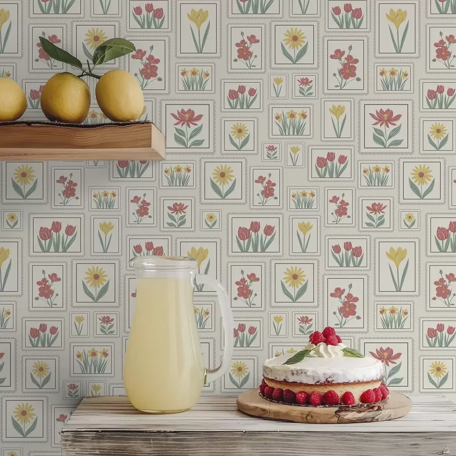 Fotobehang Ingelijste bloemenillustraties op een lichte achtergrond a01173v1