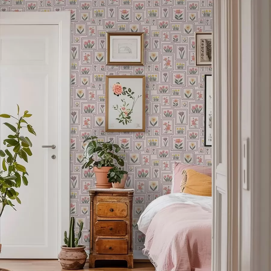 Fotobehang Ingelijste bloemenillustraties in lila tinten a01173v2