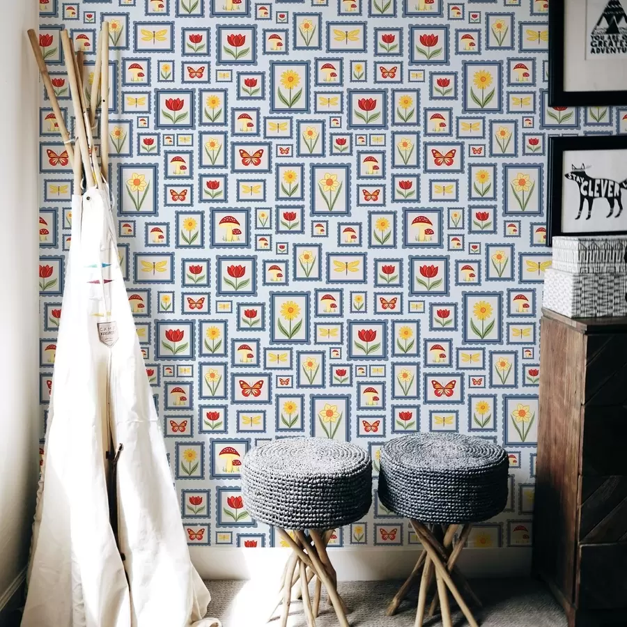 Fotobehang Ingelijste illustraties op een blauwe achtergrond a01176