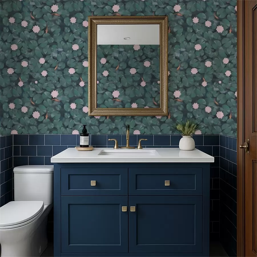 Fotobehang Waterlelies met bloemen en vissen op een donkere achtergrond a01177