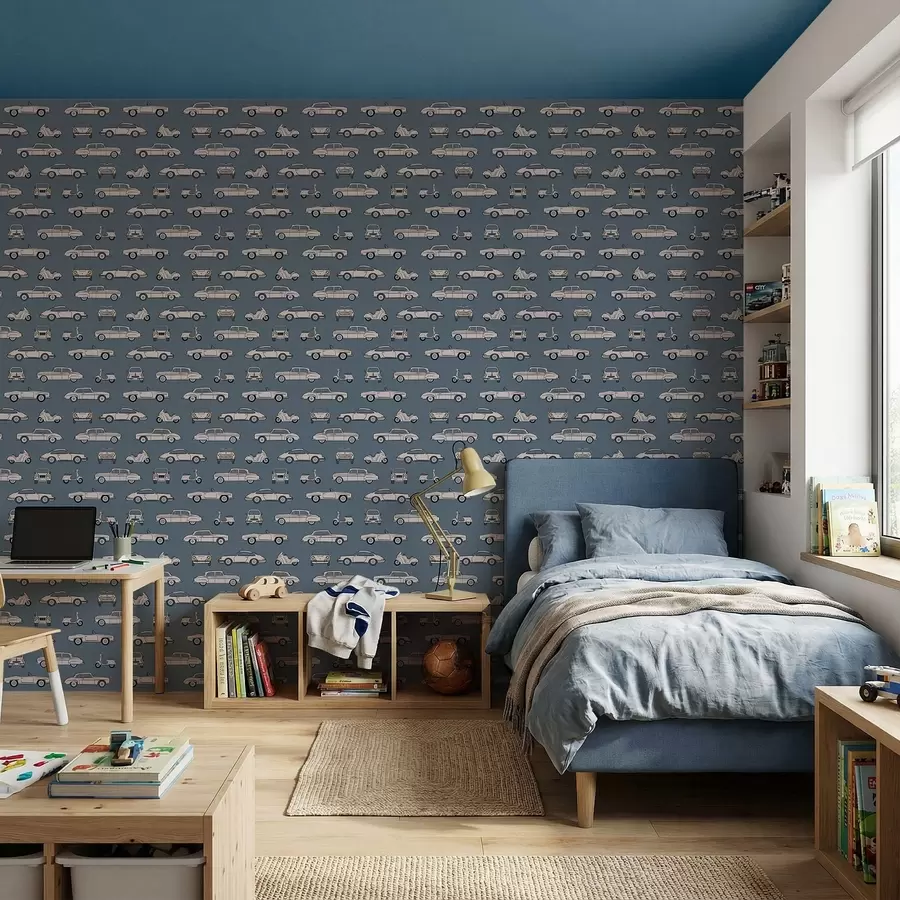 Fotobehang Retro-auto's en -scooters op een blauwe achtergrond a01178