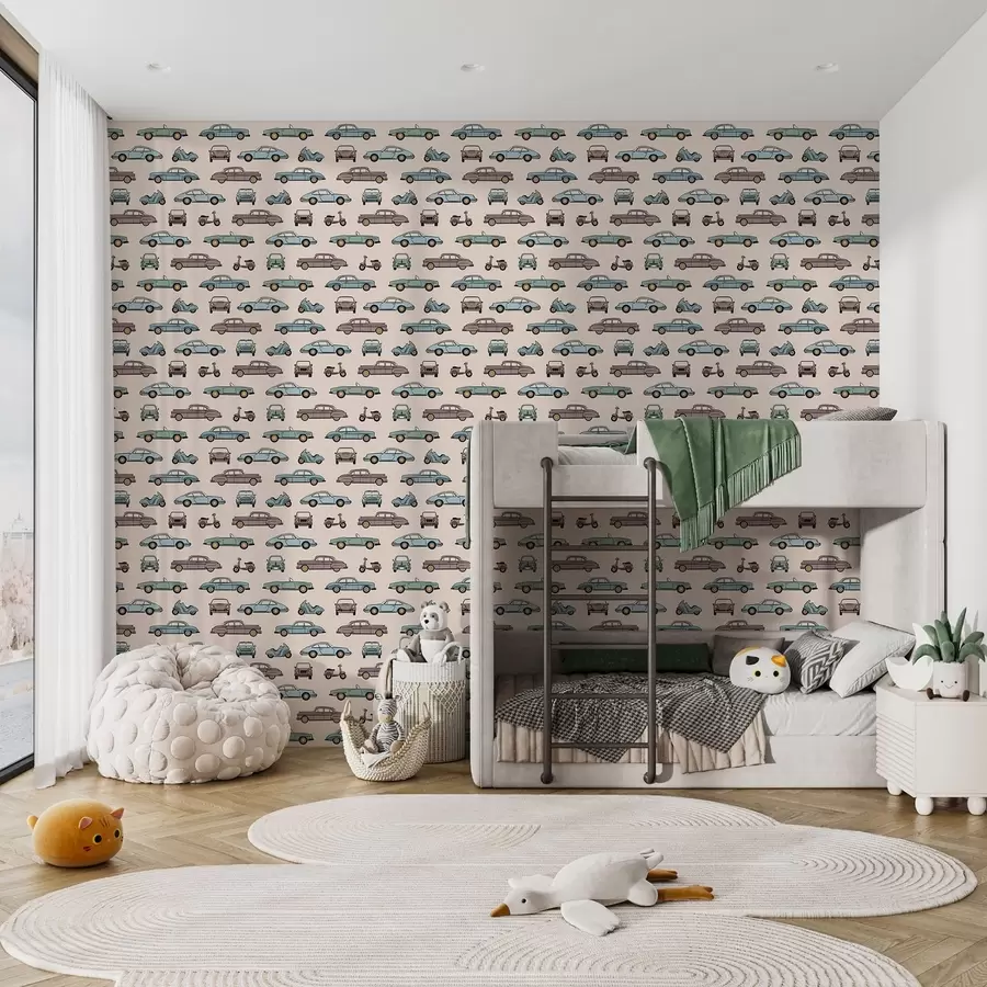 Fotobehang Retro-auto’s en -scooters op een beige achtergrond a01178v1