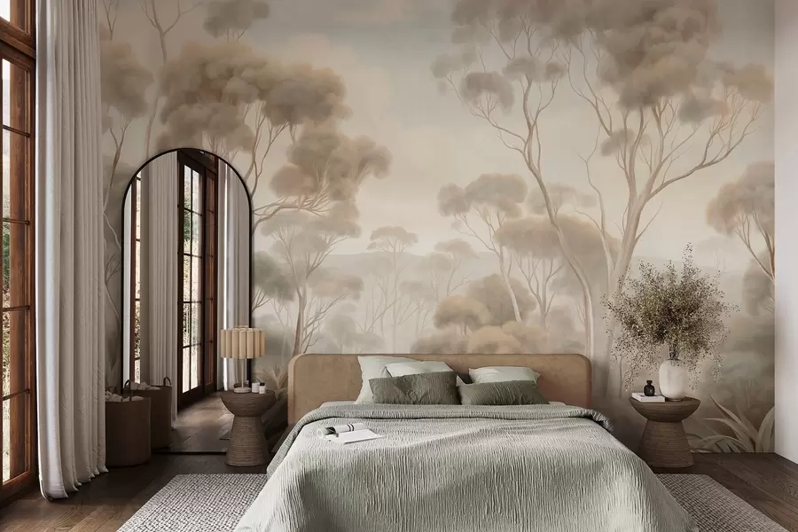 Fotobehang Een mistig boslandschap met hoge eucalyptusbomen, met glooiende heuvels onder een bewolkte hemel, een kunstwerk met textuur w09822