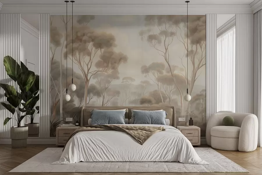 Fotobehang Een mistig boslandschap met hoge eucalyptusbomen, met glooiende heuvels onder een bewolkte hemel, een kunstwerk met textuur w09822