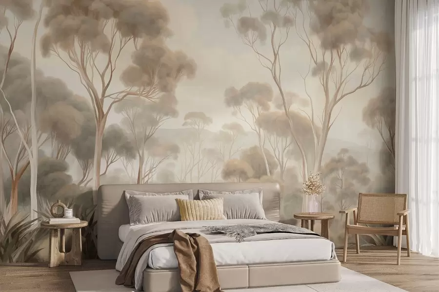 Fotobehang Een mistig boslandschap met hoge eucalyptusbomen, met glooiende heuvels onder een bewolkte hemel, een kunstwerk met textuur w09822