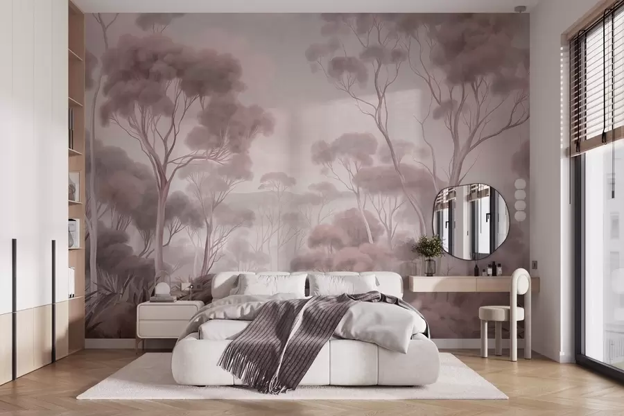 Fotobehang Een mistig boslandschap met hoge eucalyptusbomen, met glooiende heuvels onder een bewolkte hemel, een kunstwerk met textuur w09822v1