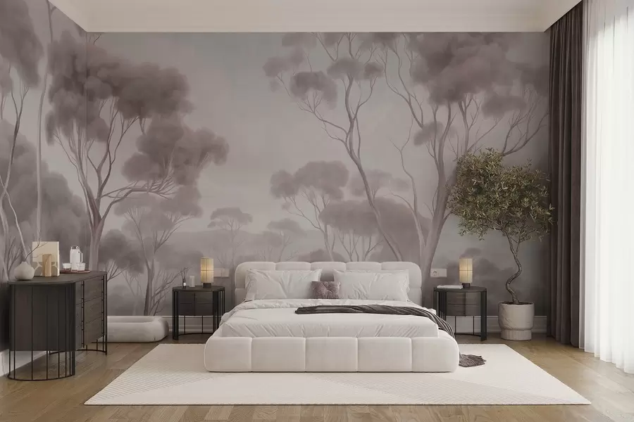 Fotobehang Een mistig boslandschap met hoge eucalyptusbomen, met glooiende heuvels onder een bewolkte hemel, een kunstwerk met textuur w09822v1