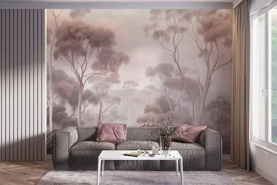 Fotobehang Een mistig boslandschap met hoge eucalyptusbomen, met glooiende heuvels onder een bewolkte hemel, een kunstwerk met textuur w09822v1