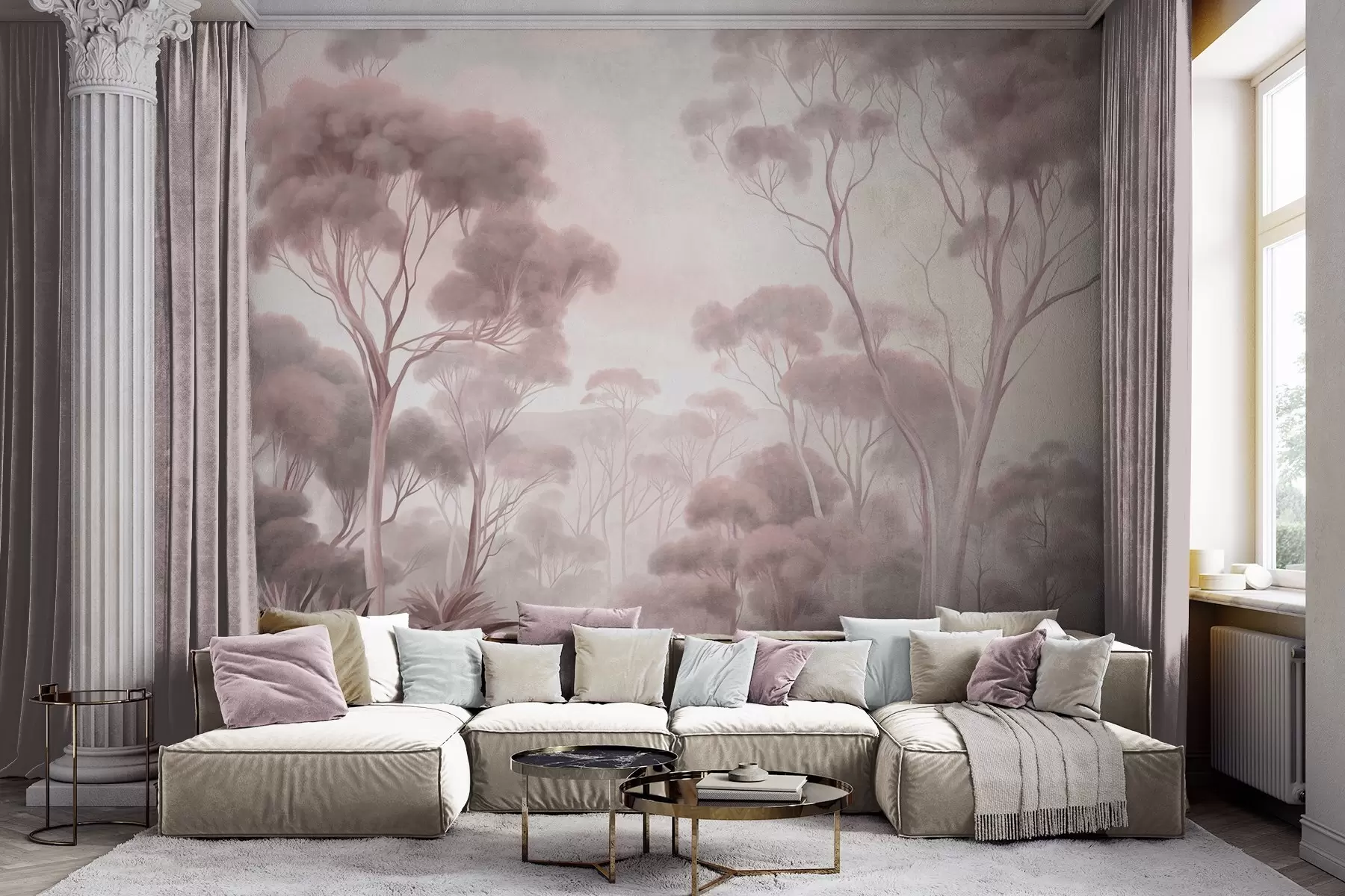 Fotobehang Een mistig boslandschap met hoge eucalyptusbomen, met glooiende heuvels onder een bewolkte hemel, een kunstwerk met textuur w09822v1