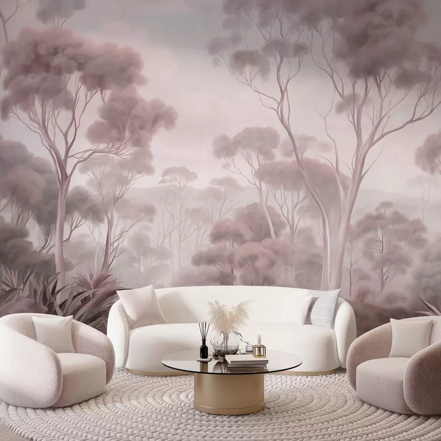 Fotobehang Een mistig boslandschap met hoge eucalyptusbomen, met glooiende heuvels onder een bewolkte hemel, een kunstwerk met textuur w09822v1