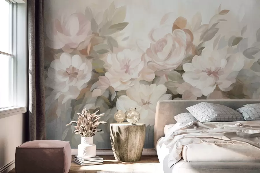 Fotobehang Lichtroze en witte bloemen met groene bladeren, geschilderde stijl, impressionistische stijl, kunst met textuur w09824