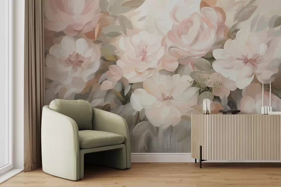 Fotobehang Lichtroze en witte bloemen met groene bladeren, geschilderde stijl, impressionistische stijl, kunst met textuur w09824