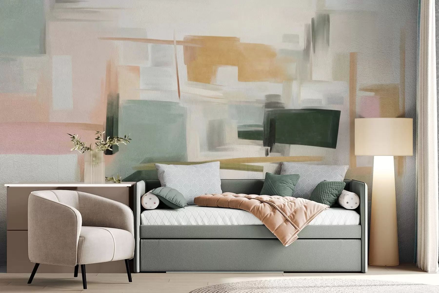 Fotobehang Een abstracte, minimalistische schilderstijl met zachte pasteltinten, geometrische vormen en lijnen w09828