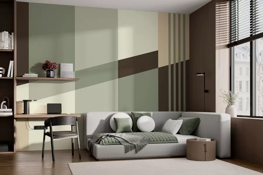 Fotobehang Ingetogen geometrische patronen in olijfgroene, beige en bruine tinten w05390