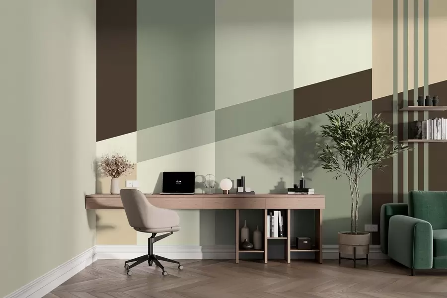 Fotobehang Ingetogen geometrische patronen in olijfgroene, beige en bruine tinten w05390