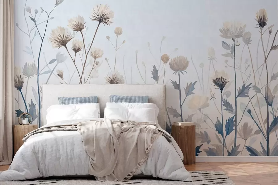 Fotobehang Wilde veldgrassen en bloemen, geschilderd in een landschappelijke stijl tegen een lichte achtergrond w05563
